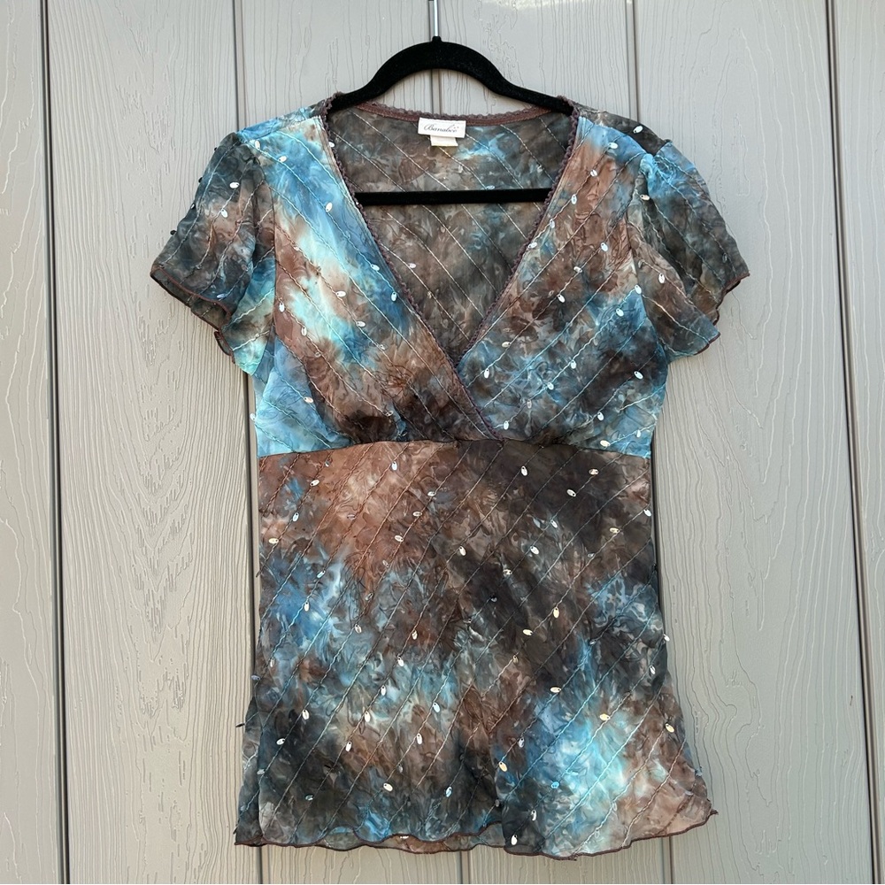 Banabee Vintage Y2K Whimsygoth Top Blouse Sequins V neck Blue & Brown Sz Medium